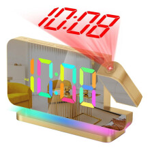 Projection Alarm Clock,7.4Inch LED Mirror Digital Clocks Large Display,+180Rotatable Projector,Night Light Gold
