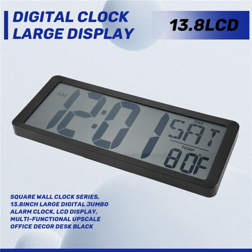 Square Wall Clock Series, 13.8inch Large Digital Jumbo Alarm Clock, LCD Display, Multi-Functional Upscale Office Decor Desk Black 2