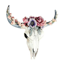 Harz Longhorn KuhschäDel Kopf Wandbehang Dekor, Blume KuhschäDel Wanddekoration Kinderzimmer Dekor Harz Ornament mit AufhäNgung,L