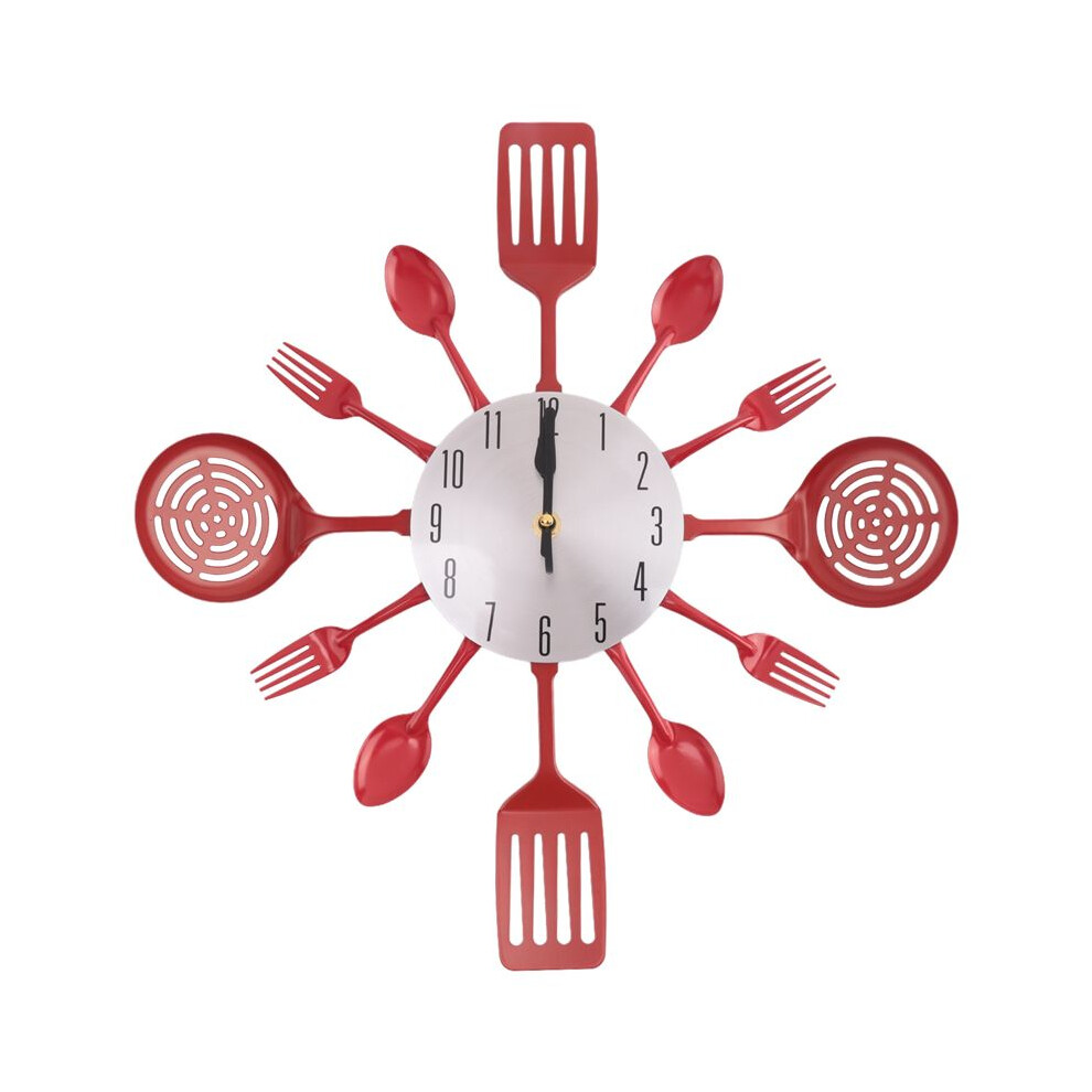 16 Inch Large Kitchen Wall Clocks With Spoons And Forks,3D Tableware Wall Clock Room Home Decoration(Red) Red