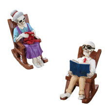 Skeleton Couple Figurines Rocking Chair Skull Sculpture Resin Statue Couple Reading Ornament Home Decor for Shelf Table
