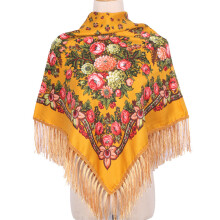 Flower Print Fringe Trim Lightweight Scarf Shawl For-Yellow