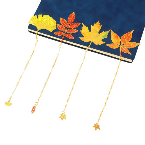 4Pcs Fall Leaves Bookmarks Decorative Metal Bookmarks with Chain