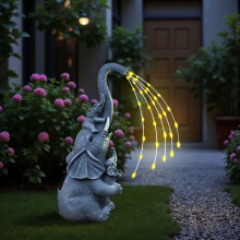 Solar Elephants with Trickling 'Water' LEDs - Playful Elephant Family Garden Ornament - Weatherproof Polyresin with Spar