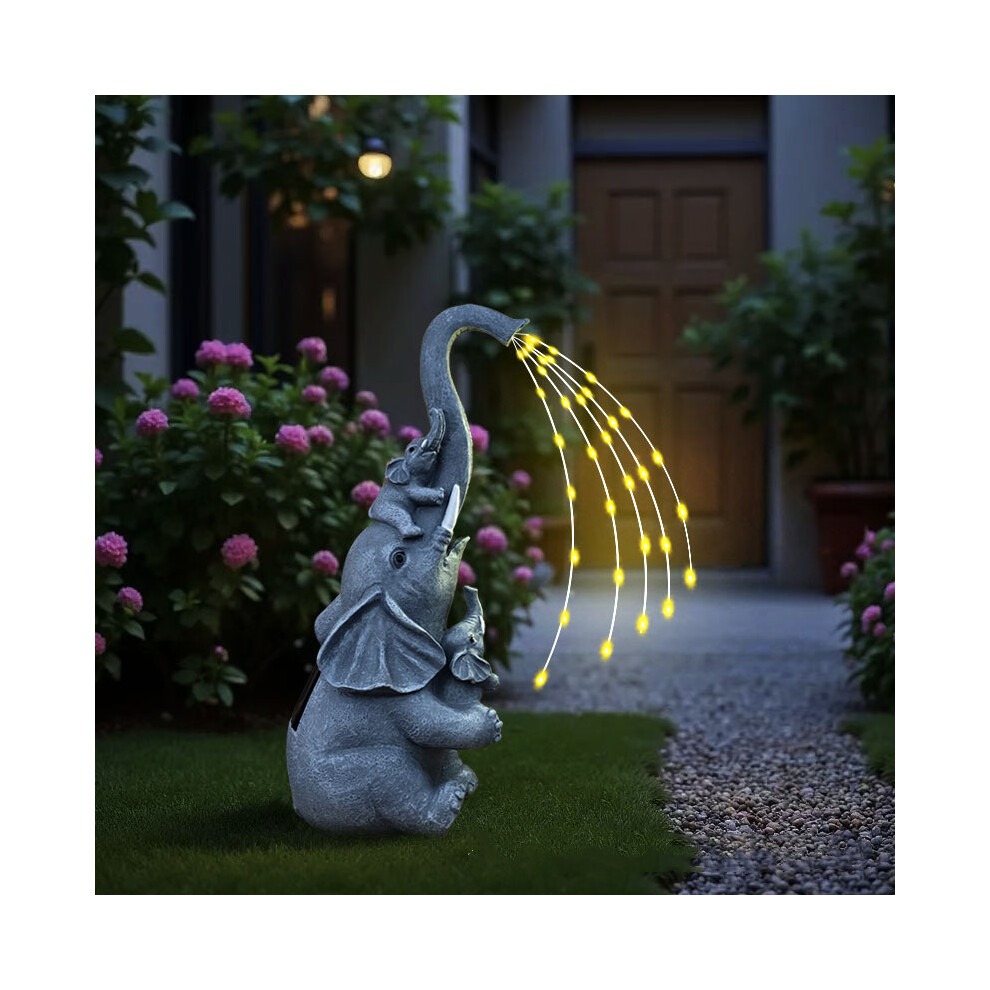Solar Elephants with Trickling 'Water' LEDs - Playful Elephant Family Garden Ornament - Weatherproof Polyresin with Spar
