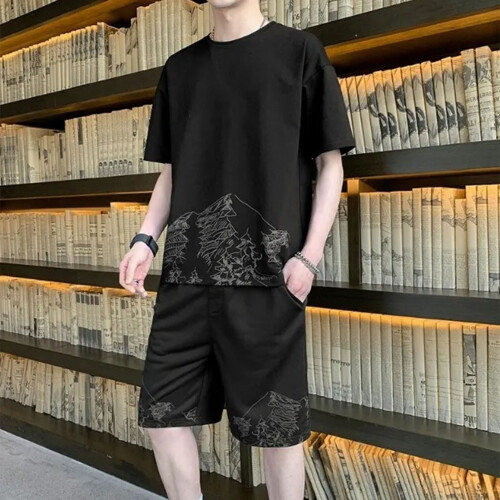 Black Men's Summer Suit, Cotton 2-Piece Set