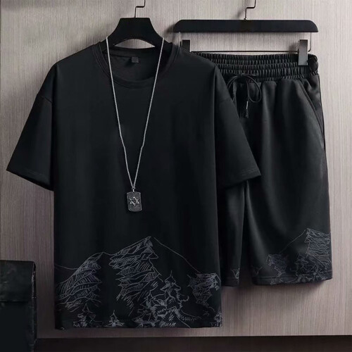 Black Men's Summer Suit, Cotton 2-Piece Set