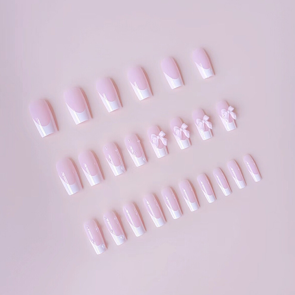 Hue-Grain Glossy Pink Fake Nails, Easy Apply For Travel & Dating