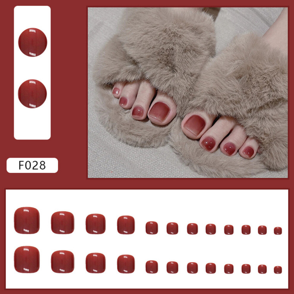 Penghui-Toys Red (Jelly Glue Model) 24Pcs Glossy Wine False Toenails