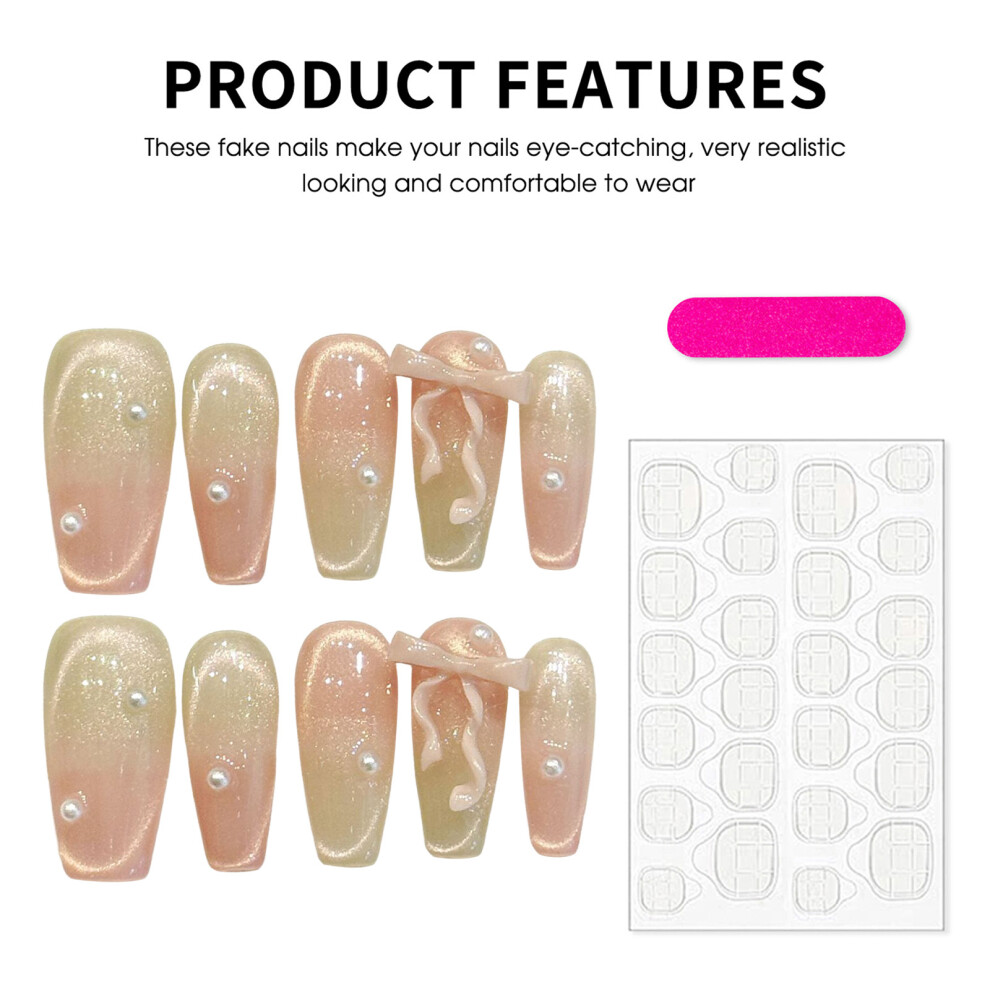 Penghui-Toys (597 Medium Square, L) 10Pcs Pink Green Pearl False Nails For Wedding