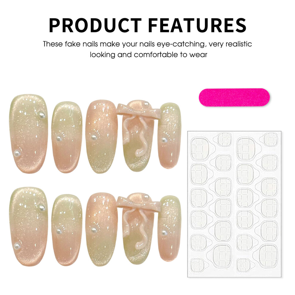 Penghui-Toys (582 Medium Oval, M) 10Pcs Pink Green Pearl False Nails For Wedding