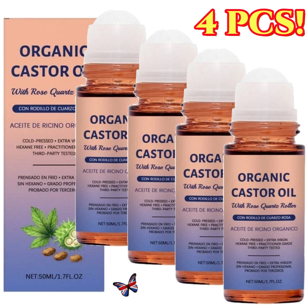 4X Organic Castor Oil Roll-On With Rose Quartz | 100% Pure For Skin 50Ml Golden