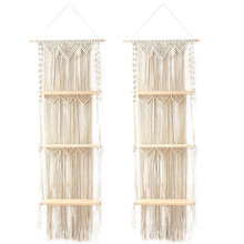 2X Boho Macrame Wall Hanging Shelf 3 Tier Handmade Woven Tassel Wood Organizer Shelves Wall Floating Hanger