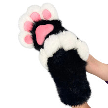 Pelzige Plüsch-Katzenpfoten-Handschuhe,- Schwarz und Weiß