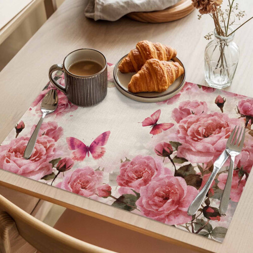 Σουπλά Pink Roses, Σετ 6 τεμαχίων, Ακουαρέλα με Ντεγκραντέ Λουλουδάτη Λινή Υφή, 2