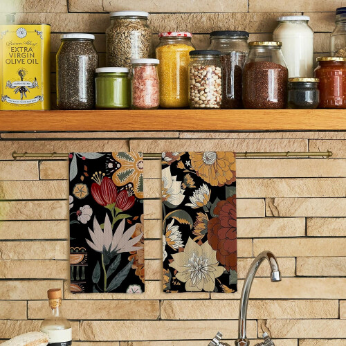 Σετ 2 πετσετών κουζίνας με αφηρημένα σχέδια Boho Floral, ρετρό πετσέτες κουζίνας Groovy, 1