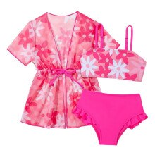 Girls Swimwear 3 Piece Set with Floral Cover Up and Cute Cartoon Print Bikini for Beach Pool Summer Vacation Outfit Casual Swimsuit