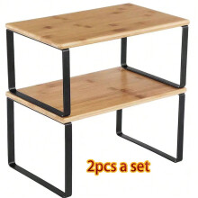 2-delige stapelbare keukenkast organizer plank, uitschuifbaar kruidenrek, metaal en bewerkt hout, inktzwart/natuurlijk beige