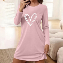 Women's Crew Neck Long Sleeve Short Nightgown Chest Heart Print Loose Fit Sleep Dress Cute Comfortable Nightwear for Bedroom Home Use