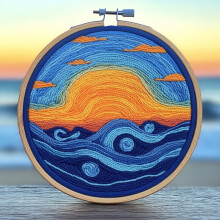 Punch Needle Kit: Sea Waves & Sunset Design, Easy DIY Starter Set with Printed Pattern, Hoop (20x20cm), Compatible with Punch Needle Tools