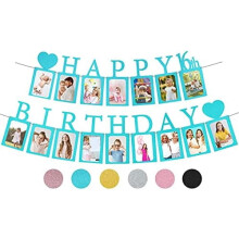 Sweet16Birthday Banner Blå Forhåndsmontert 16Rammer