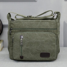 Men's green canvas shoulder bag with multiple pockets