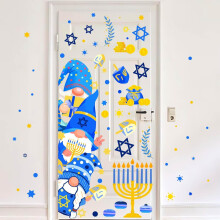 Adesivos de janela de Hanukkah em azul e dourado com estrela menorá, 30 x 90 cm (11,8 x 35,5 polegadas)