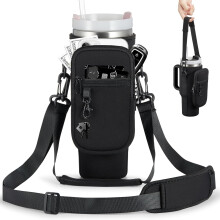 Sac de transport rose en néoprène pour bouteille d'eau avec poche pour téléphone et bandoulière réglable, compatible avec les gobelets Stanley