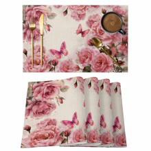 Set van 6 placemats met roze rozen, aquarel bloemenpatroon met linnen textuur, antislip, wasbaar, geschikt voor binnen en buiten.