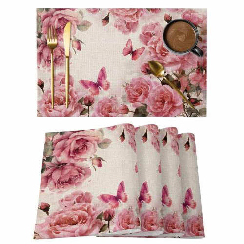 Σουπλά Pink Roses, Σετ 6 τεμαχίων, Ακουαρέλα με Ντεγκραντέ Λουλουδάτη Λινή Υφή,