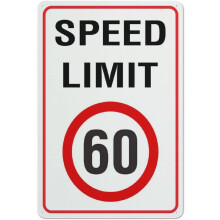 Placa de limite de velocidade de 60 km/h para empresas. Fabricada em alumínio resistente à ferrugem, com impressão UV, 20 x 30 cm e 4 furos