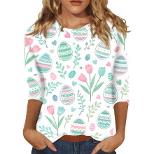 T-shirts de Pâques pour femmes, tailles S à 3XL, manches 3/4, motif lapin mignon, col rond, hauts d'été parfaits pour les fêtes.