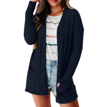Damecardigans Ensfarvet Løstsiddende Mode Patchwork Sweater Strik Langærmet Cardigan Frakke (Marineblå, XL)