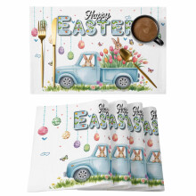 Oster-Tischsets, 6er-Set, türkisfarbenes LKW- und Hasenmotiv mit Tulpen, rutschfest, abwaschbar, für drinnen und draußen