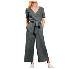 Damen Sommermode Lässiger Jumpsuit mit V-Ausschnitt, Schnürung und bequemem Material, Dunkelgrau, Größe 4XL