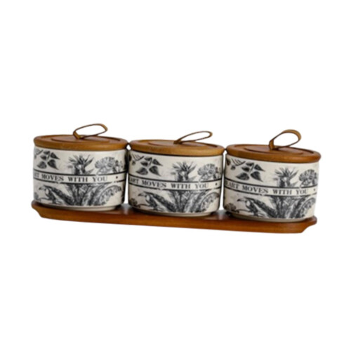 Keramik-Teedose mit Bambusdeckel – 3er-Set + Tablett 1