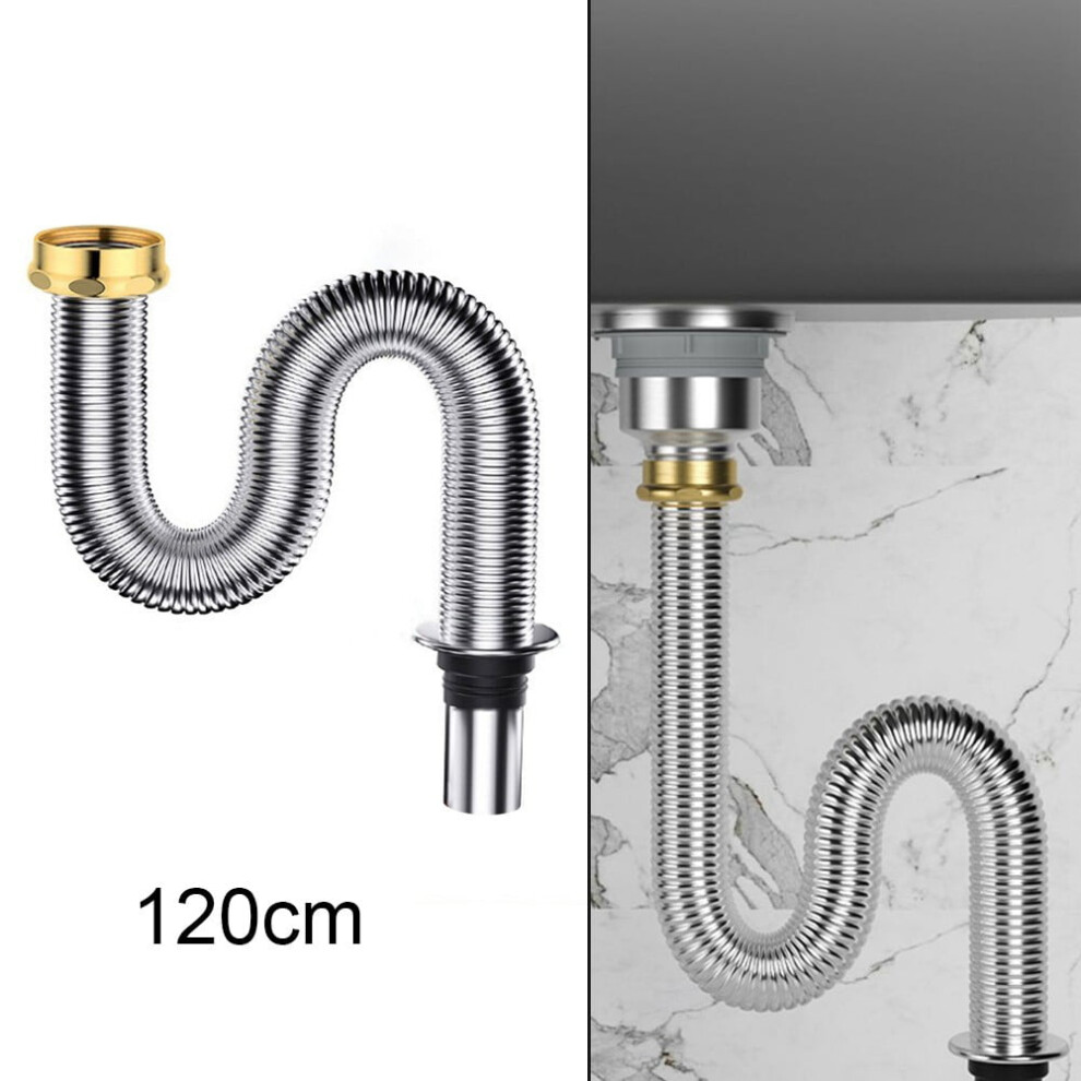 Sink Drain Fittings 120/150Cm Stainless Steel Sink Siphon Waste Drain Flexible Pipe Hose For Kitchen Bathroom Sink 9353595505599