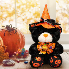 Halloween teddybeer decoratie – Zachte pluche feestbeer met hoed en vlinderdas, fluweel, geschikt voor feestelijke huisdecoratie en kinderspeelgoed