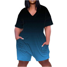 Macacão curto feminino folgado com zíper frontal, manga curta, tecido leve e confortável, azul, tamanho 1# 2XL.
