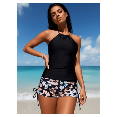 Μαγιό Tankini για γυναίκες, μαύρο φλοράλ print - Halter top με κορδόνι, δύο τεμαχίων μαγιό - 1