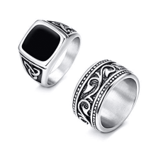 2-teiliges Set aus Edelstahlringen für Herren im Vintage-Biker-Stil, Siegelring und Bandring, Größen 7-15