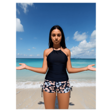 Μαγιό Tankini για γυναίκες, μαύρο φλοράλ print - Halter top με κορδόνι, δύο τεμαχίων μαγιό -