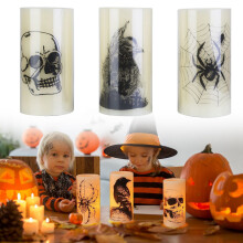 Set van 3 vlamloze Halloween-kaarsen met timerfunctie, op batterijen, warm oranje licht, voor Halloween-feestdecoratie, spin, kraai en schedel.