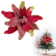 Flores artificiais de Natal em veludo vermelho vinho com glitter dourado champanhe – Compatíveis com projetos DIY, árvores, guirlandas, arranjos
