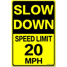 Slow Down Speed Limit 20 MPH Metal Sign, 8 x 12 Inches Traffic Sign, Black and Yellow Safety Sign, Easy Mounting Outdoor Use