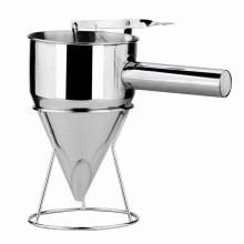 Entonnoir distributeur de pâte en acier inoxydable avec support, idéal pour la préparation de gâteaux, beignets, cupcakes et crêpes.
