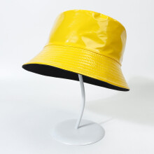 Reversible Bucket Hat, Shiny PU Leather Look Waterproof Fisherman Hat for Men & Women – Yellow, Sun Protection, Foldable for Beach, Camping, Hiking,
