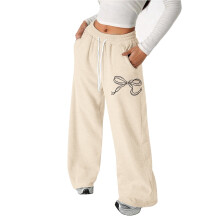 Girl PantsPants Bow Drawstring Loose Fit Lightweight Athletic Straight Leg Casual Trousers for Active Wear,School Kids Clothes,Z02 Beige,10-11 Years
