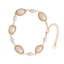 Pulseira elegante de pérolas de água doce para mulheres, pérolas ovais envoltas em fio de ouro com corrente ajustável e pingente de coração,