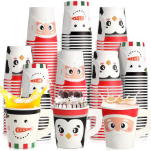 120 Pcs 7 oz Christmas Disposable Coffee Cups with Handles – Penguin/Snowman/Santa Design, Hot Chocolate & Tea Cups for Winter Holiday Party
